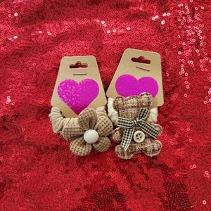 Brown and Cream Floral and Bear Hair Ties